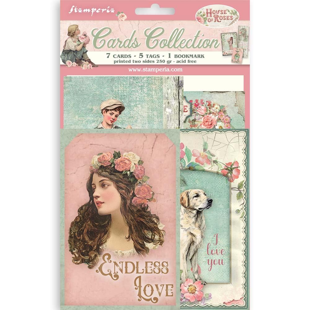 Stamperia - Cards Selection, Acid-Free, Printed on 2 Sides, Choice of Sizes and Designs, Perfect for Hobbies, Crafts, and Gifting (House of Roses) (7 Cards, 5 Tags, 1 Bookmark)