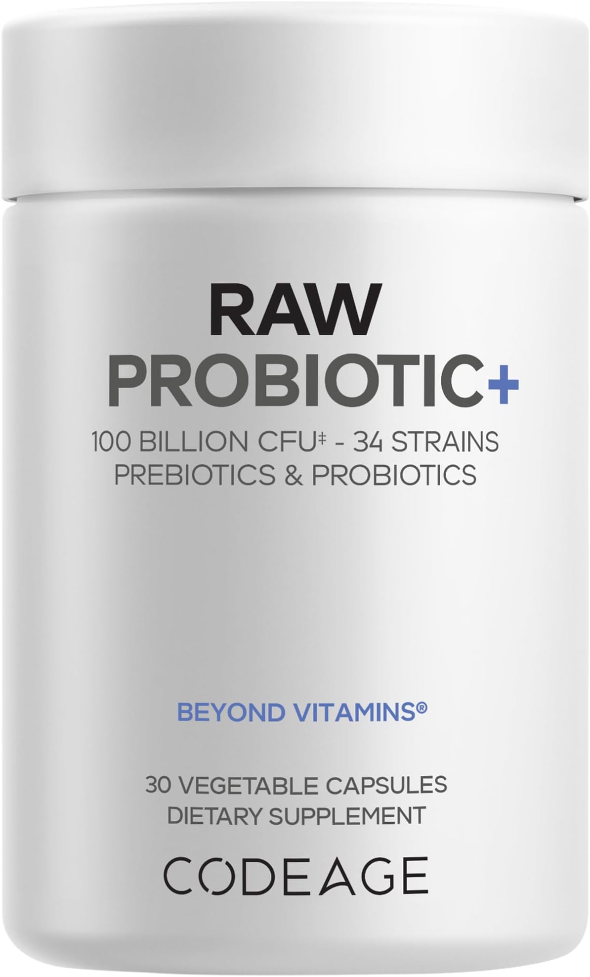 Codeage Raw Probiotic+ – 100 Billion CFU Probiotic Supplement with 34 Strains, Prebiotics & Digestive Enzymes, Wild Kefir Culture, Non-GMO – 30 Capsules