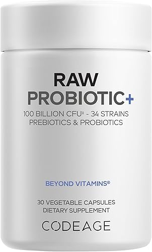 Codeage Suplemento Raw Probiotic+ - 34 cepas probióticas, 100 mil millones de UFC, probióticos de alimentos enteros crudos, enzimas digestivas,