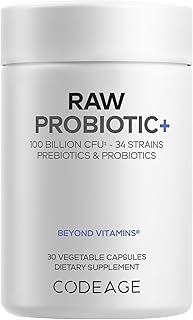Codeage Raw Probiotic+ Supplement - 34 Probiotic Strains, 100 Billion CFUs, Raw Whole Food Probiotics, Digestive Enzymes, Raw Fruits & Veggies Prebiotics - Wild Kefir Culture - Non-GMO - 30 Capsules