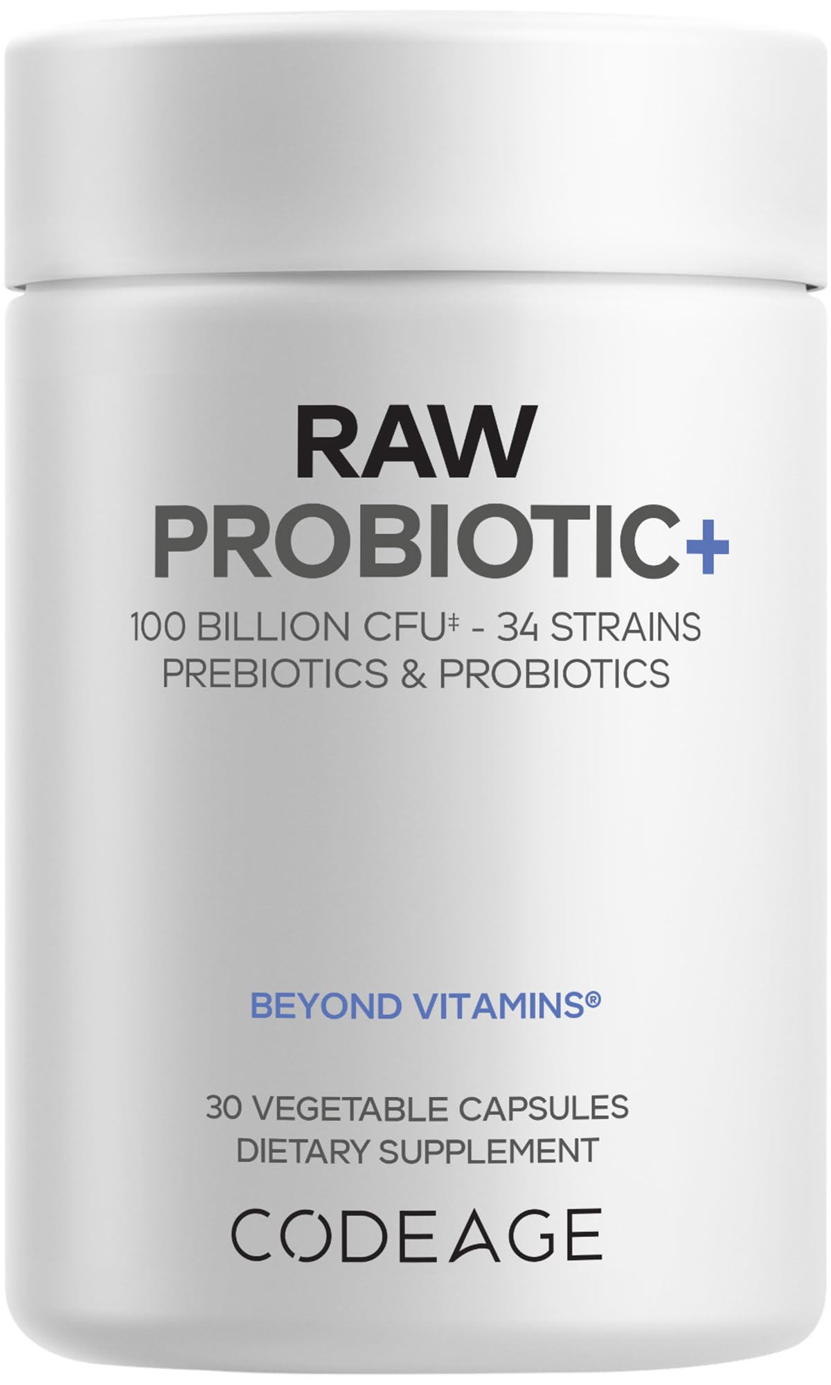 CodeageRaw Probiotic+ Supplement - 34 Probiotic Strains, 100 Billion CFUs, Raw Whole Food Probiotics, Digestive Enzymes, Raw Fruits & Veggies Prebiotics - Wild Kefir Culture - Non-GMO - 30 Capsules
