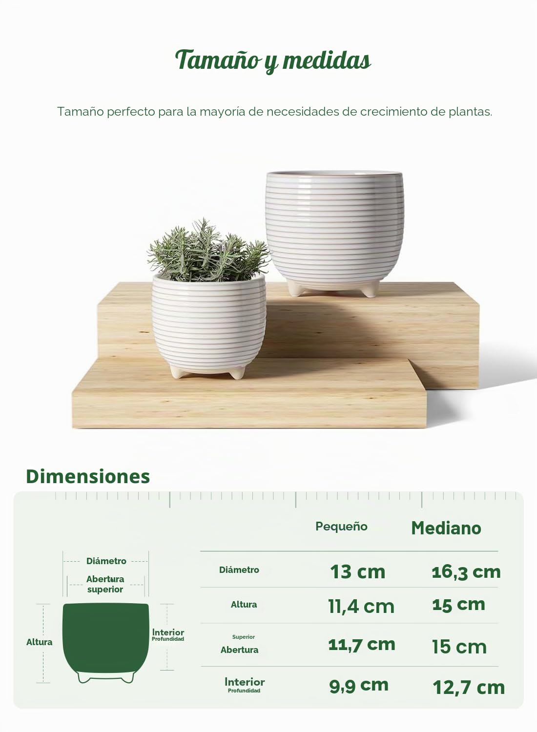 LE TAUCI Pack de 2 Macetas de Cerámica con Pies, Juego de Macetas Pequeñas de 12+16 Cm de Diámetro, Macetas Decorativas Interior con Orificio de Drenaje, Esmalte Reactivo Blanco