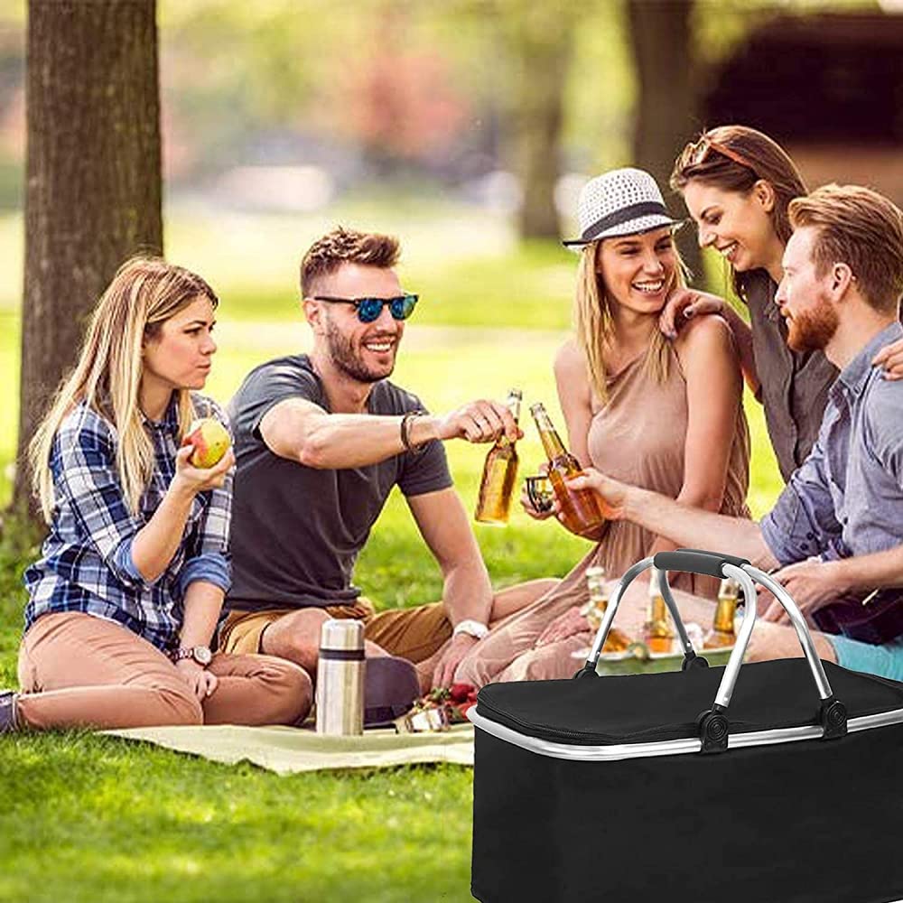 Cesta De Picnic, Robusto Marco De Aluminio De 32L con Forro Bolsa Térmica Plegable con Cremallera Y Asa, Adecuada para Viajes Y Vacaciones De Campamento-Nero