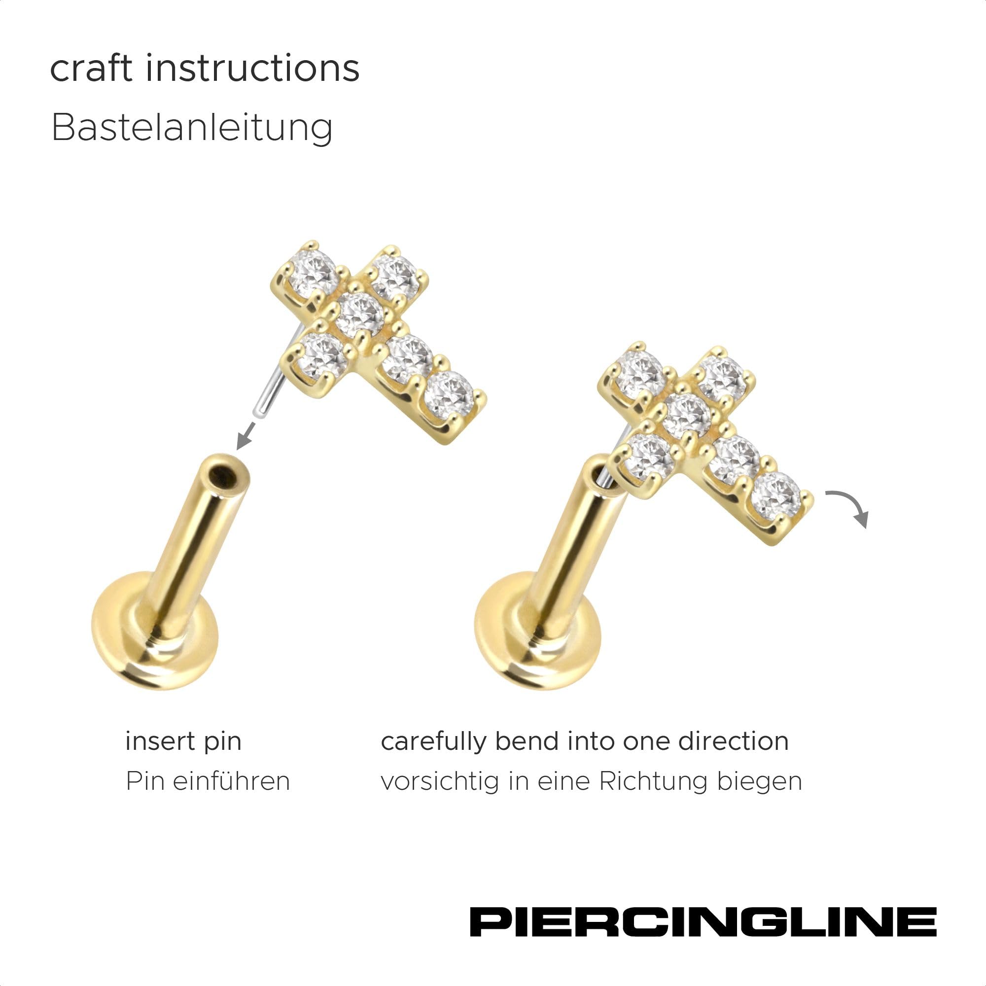 PIERCINGLINE Piercing Stecker 14 Gold Labret mit Push Fit MOISSANIT-KREUZ 585er Gold - Roségoldfarben, Goldfarben, Silberfarben