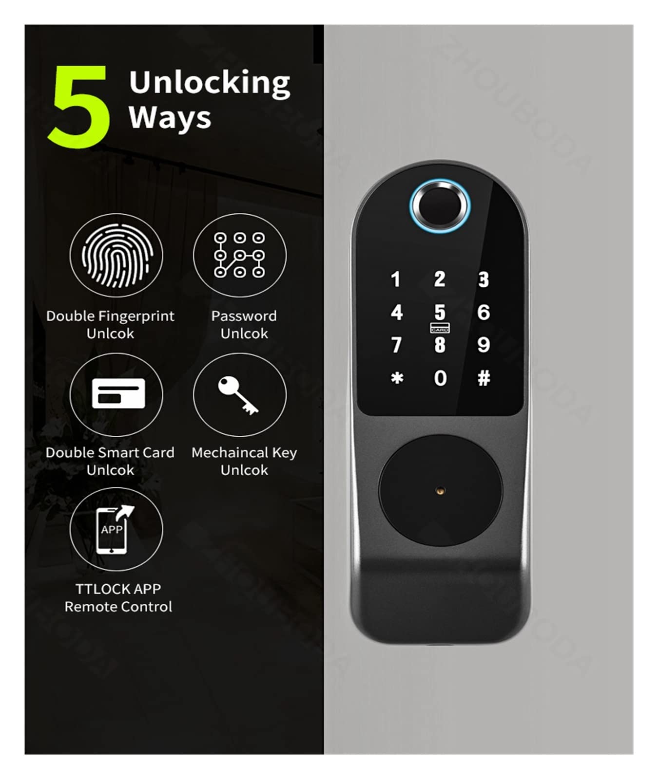 Brama zewnętrzna wodoodporny inteligentny zamek TTlock Tuya podwójna blokada z użyciem linii papilarnych hasło/karta elektroniczna/klucz/odblokowanie aplikacji dla domowego zamka elektronicznego(Tuya