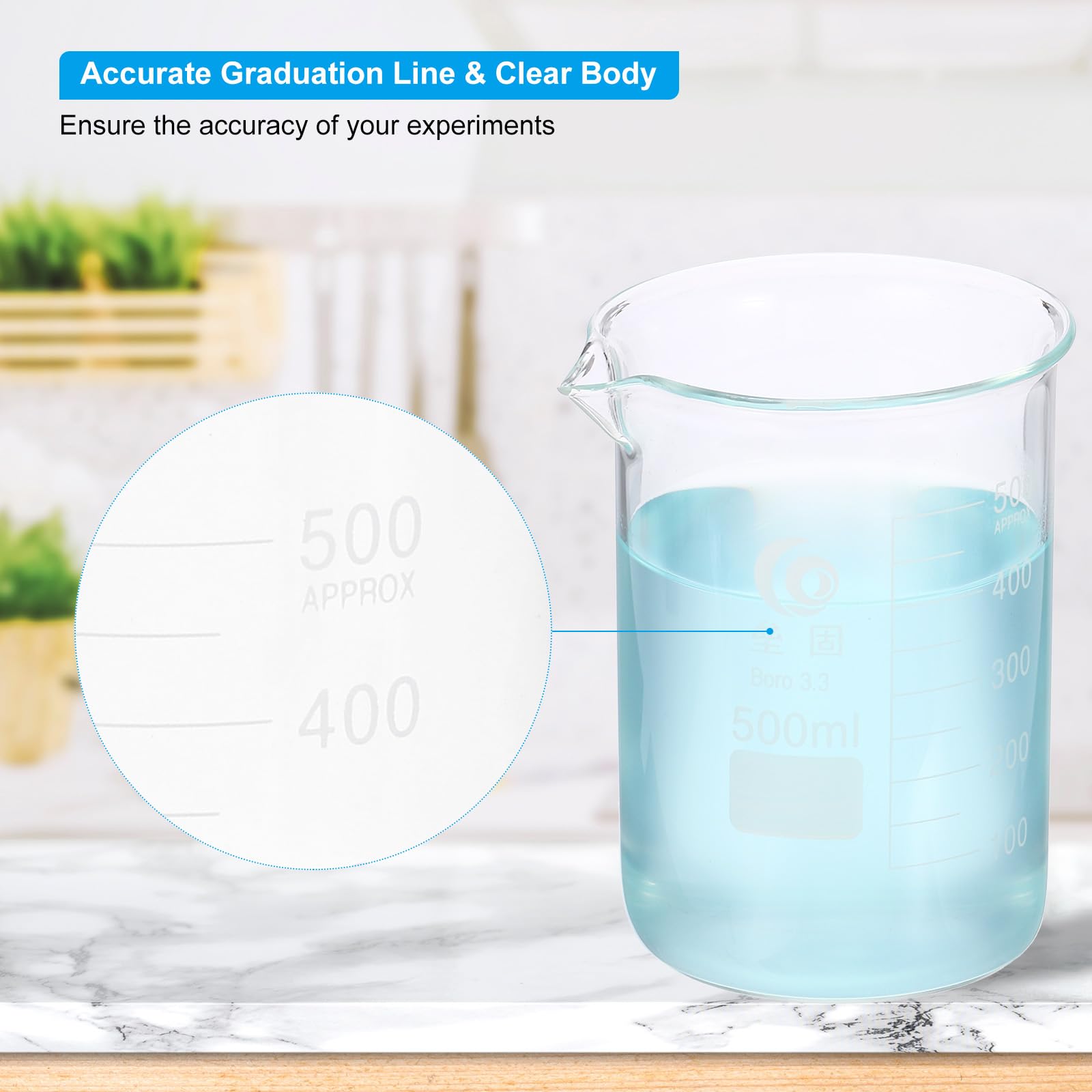 PATIKIL 500ml Vaso Bajo, 4Pcs Vasos De Borosilicato 3.3 Taza Medición Graduada Con Pico Experimentos Laboratorio, Cocina Y Repostería, Transparente