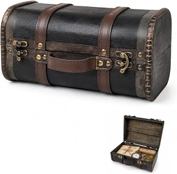 Wooden Treasure Chest Box, Leather Crafting Vintage Small Decorative Storage Boxes, Versatile Display Decorative Box with Hinged Lid for Jewelry Trinkets, Keepsakes, Photo Props10.4"x5.9"x8.26"