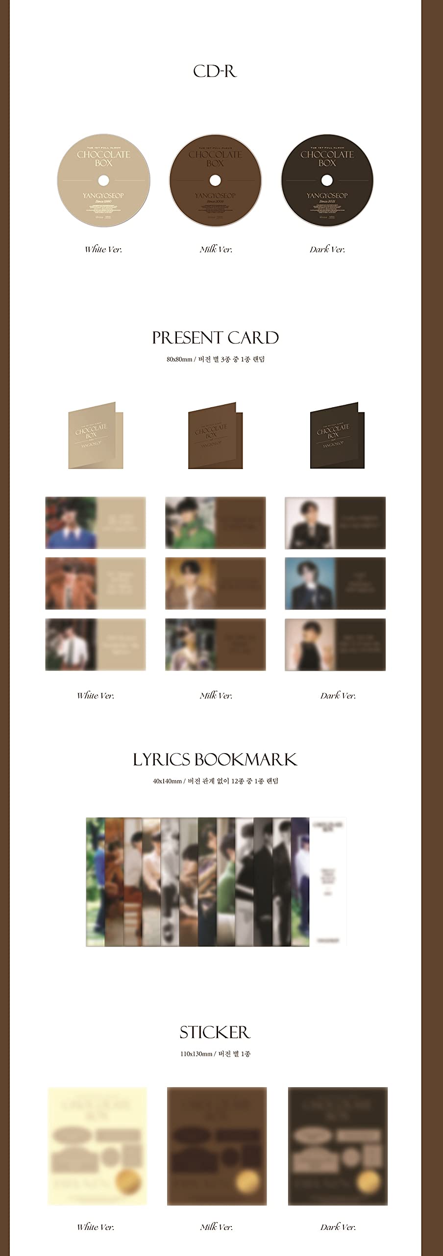 YANG YO SEOP - Chocolate Box [Dark+Milk+White Full Set ver.] (1st Full Album) Album+BolsVos K-POP Webzine (20p), Decorative Stickers, Photocards