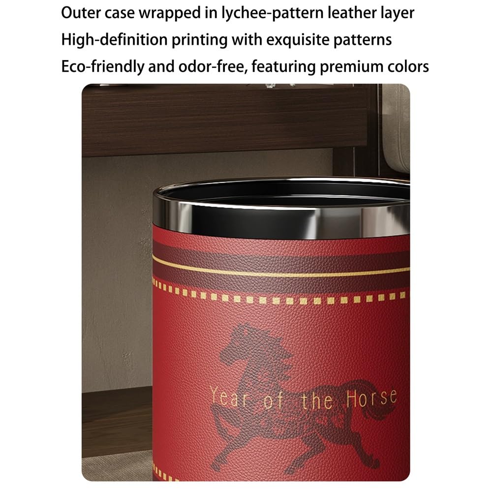 Open Top Trash Can, Leather Waste Paper Basket, Decorative Metal Wastebasket, Waterproof Garbage Bin for Bathroom, Bedroom(10L)