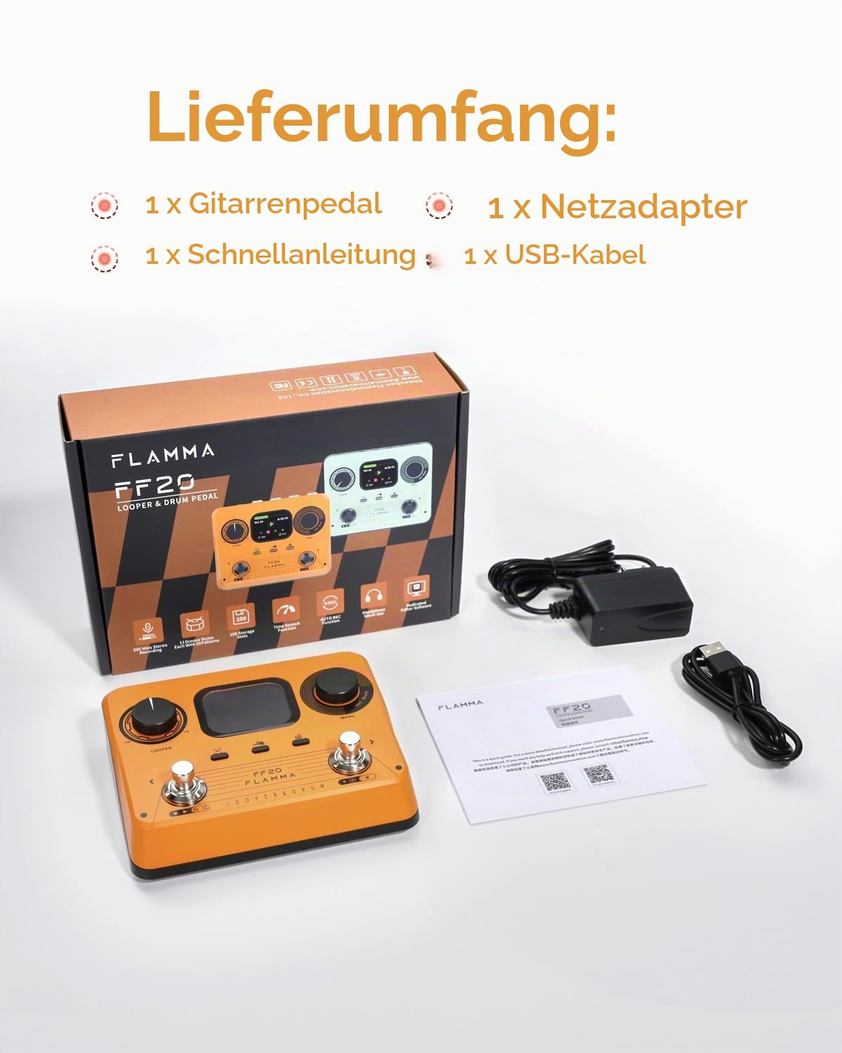 FLAMMA FF20 Looper-Pedal mit integrierter Drum-Maschine – 300 Min Stereo-Aufnahme, 220 Drum-Grooves, 100 Speicherplätze, Time-Stretch, Auto-Record, USB & Kopfhörerausgang – für Gitarre & Bass