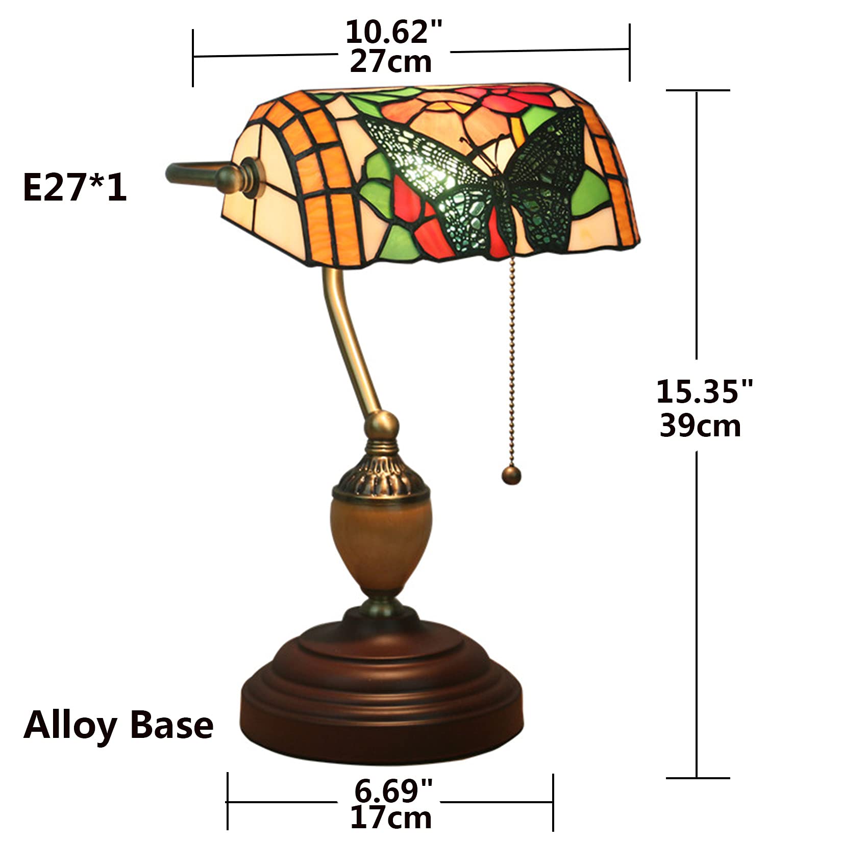 Lampe de Table de banquier Vintage, Lampe de Bureau/Piano, Base en Alliage Antique, veilleuse pour Chambre ou Salon, vitrail (Couleur : Vert) (Papillon A)