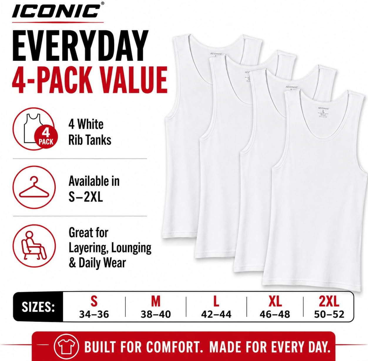 Iconic Mens Multi-Pack Tanks White Tank Top Breathable A Shirt, Moisture Wicking Undershirts, Tag Free and Durable