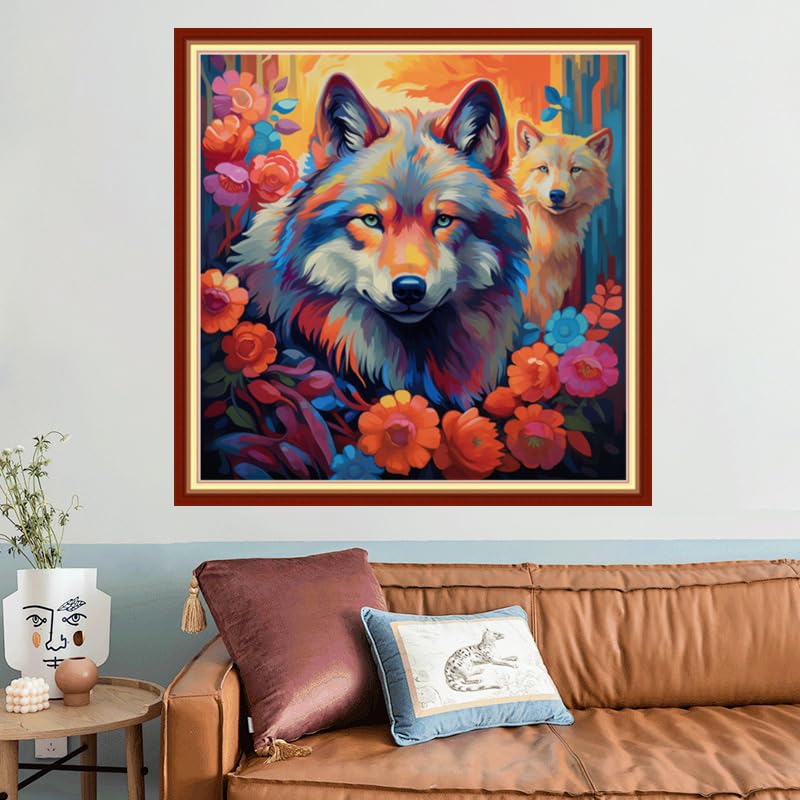 Image of Joyhoor Stamped Cross Stitch Kits for Beginners, Needlepoint Kits for Adults, 11CT Counted Embroidery Kits-Rainbow Wolf 18x18 inchs