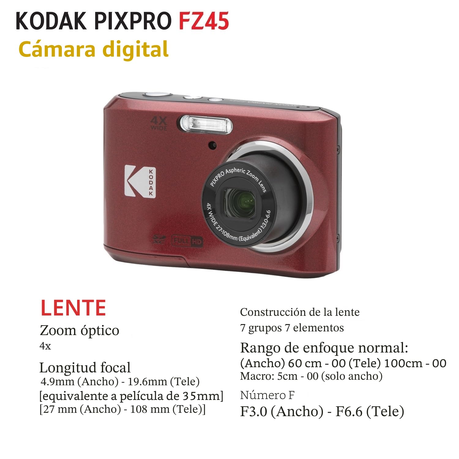 Amazon.com: Cámara digital KODAK PIXPRO FZ45 de 16 MP con zoom
