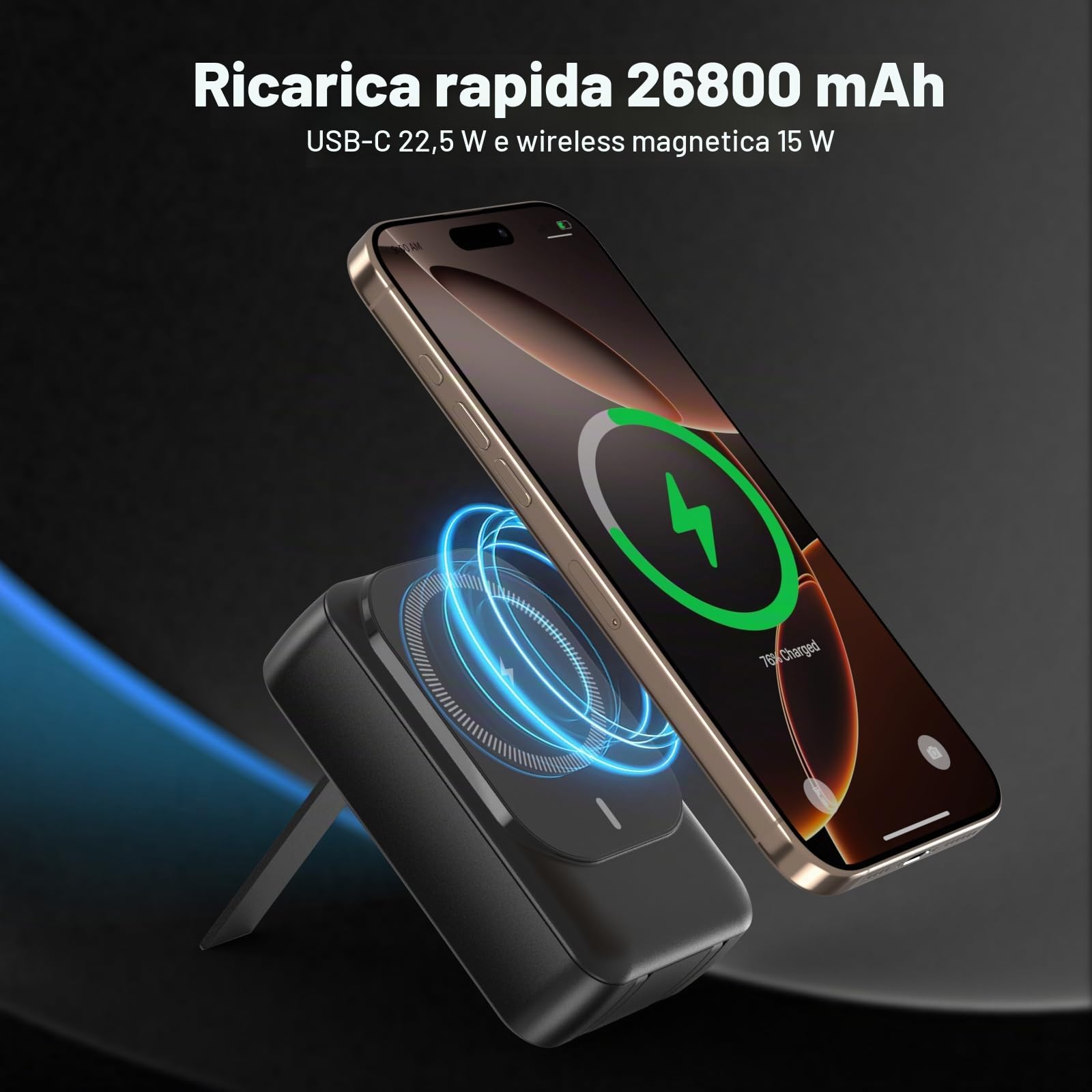 Batteria esterna magnetica senza fili 26800 mAh, per Magsafe Powerbank con 2 cavi integrati, PD 22,5 W, ricarica rapida, compatibile con iPhone Air 17/16/15/14/13/12 Plus/Mini/Pro/Pro MAX - Nero