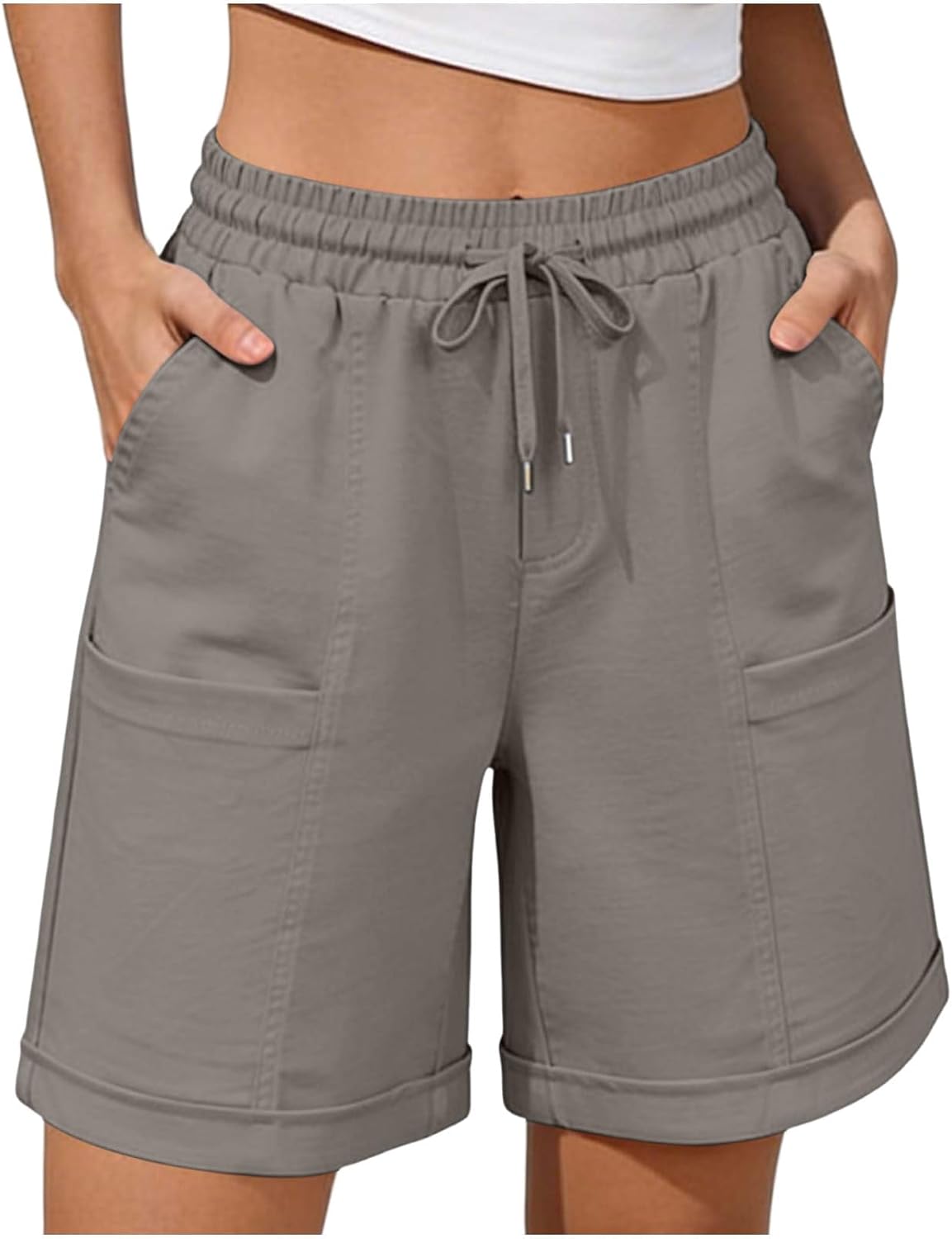 Women's Bermuda Long Shorts Summer 8'' High Waisted Casual Shorts Elastic Drawstring Pull On Short Pants with Pockets