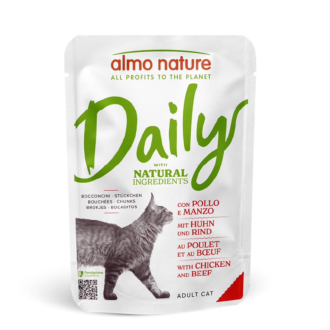 Daily - Complete Wet Cat Food for Adult Cats - Chunks - with Chicken and Beef - NON-GMO, Presertive-Free - Pouches, 70g (Pack of 30)