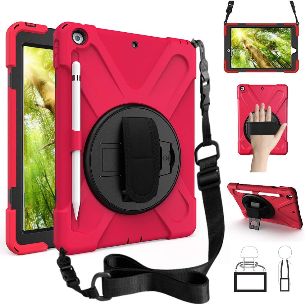ZenRich Case for iPad 9th/8th/7th Generation 10.2 inch, Rugged Shockproof Cover with Pencil Holder Kickstand Hand Strap and Shoulder Strap, Red