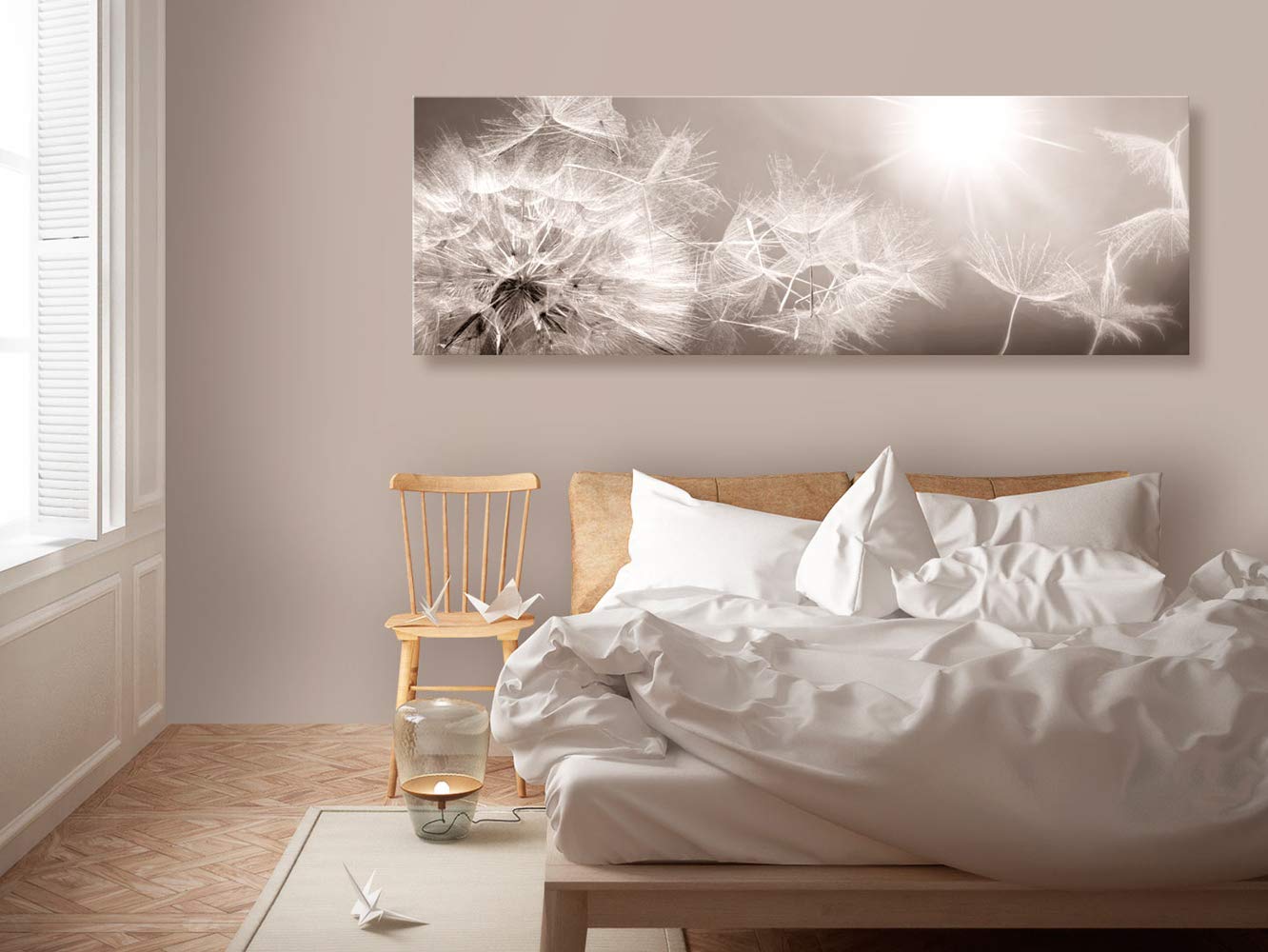 artgeist Acoustic Canvas Wall Art Print Dandelion 53x18 in - 1pcs Picture with Acoustic Foam Sound Print Artwork Room Acoustics Soundproofing - Beige Grey Sepia Nature b-C-0161-b-a
