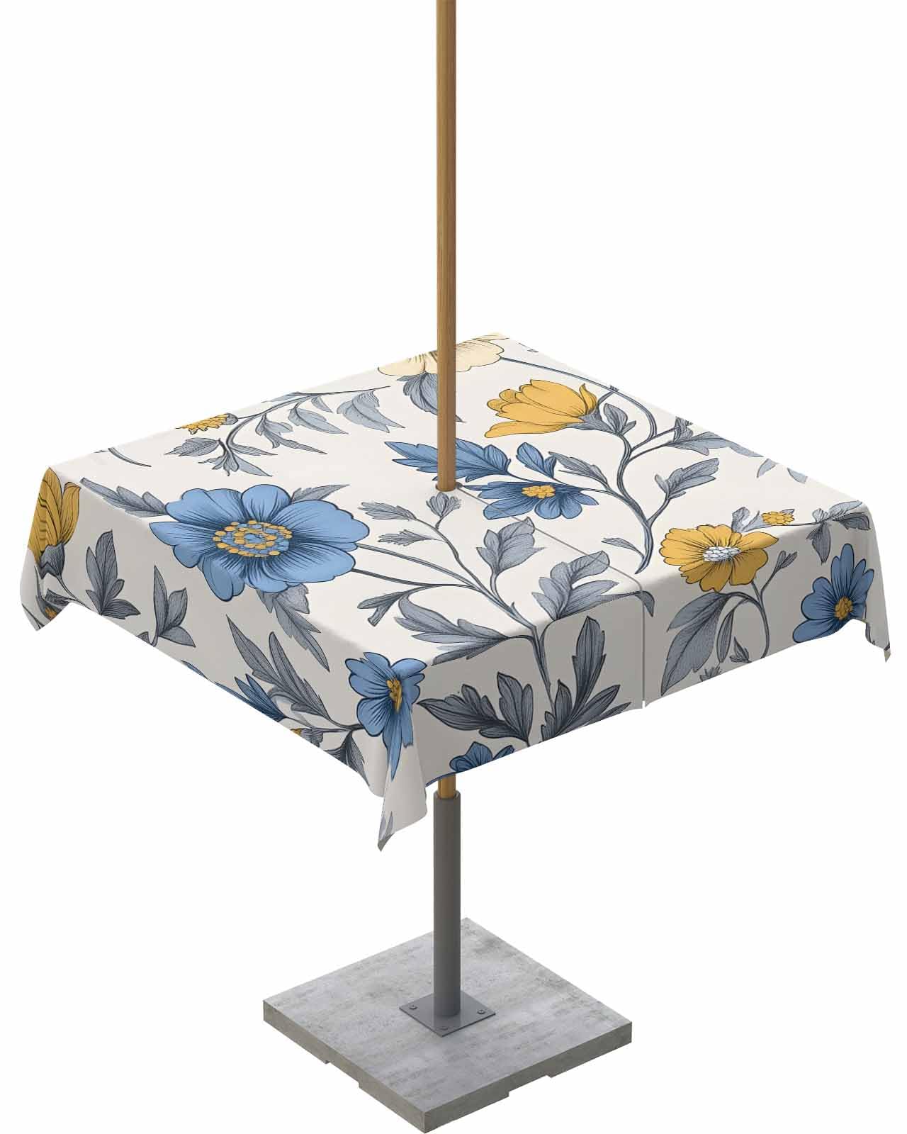 QueenKer Vintage Floral Outdoor Tablecloth with Umbrella Hole and Zipper 54" Square Table Cover Blue Yellow Flowers Leaves Waterproof Tabletop