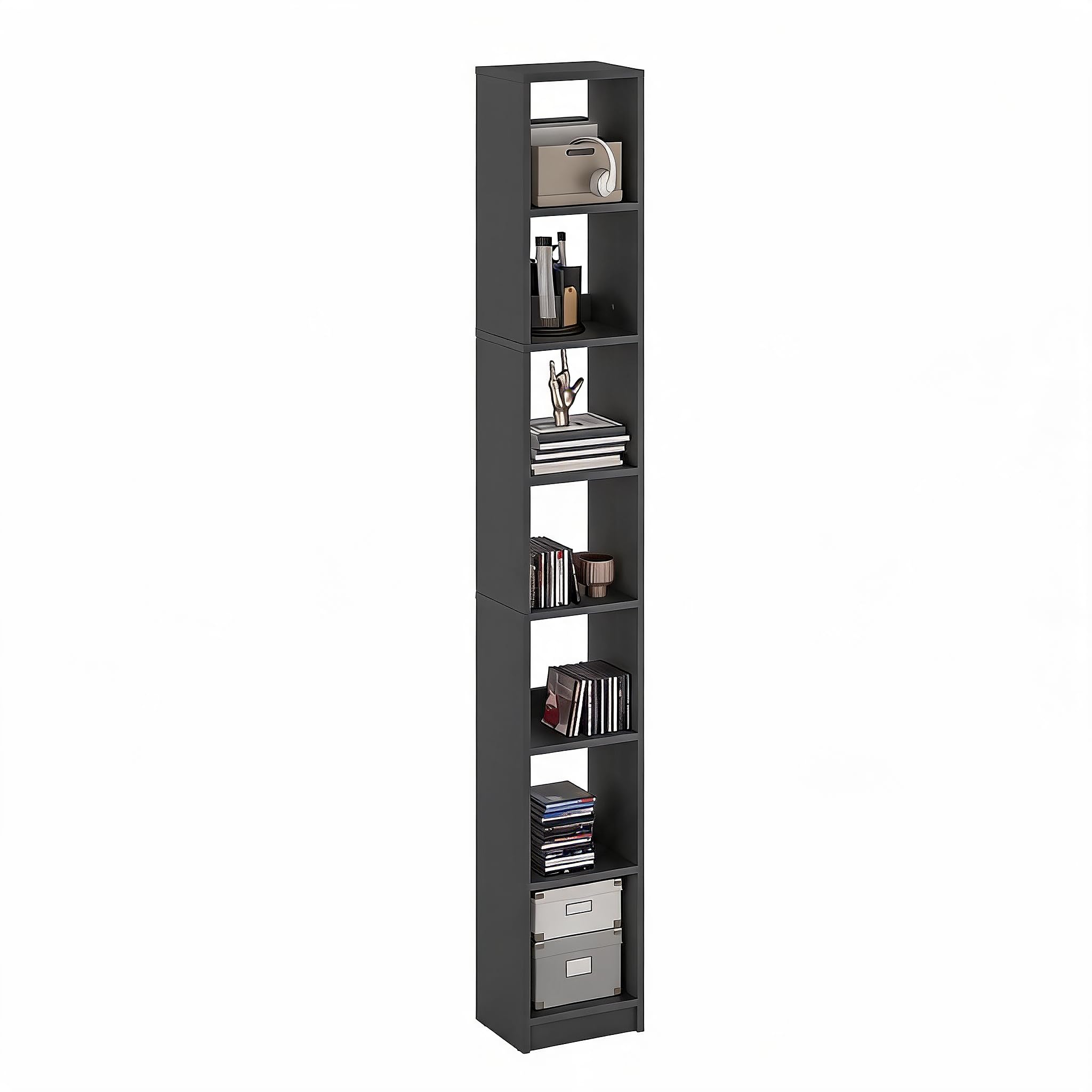 Komto Tall Bookcase Anthracite – Narrow Book Shelf 30 cm Wide, 7 Tier Bookshelf, Slim Cube Storage Unit | LAKO 214.8 x 30 x 24