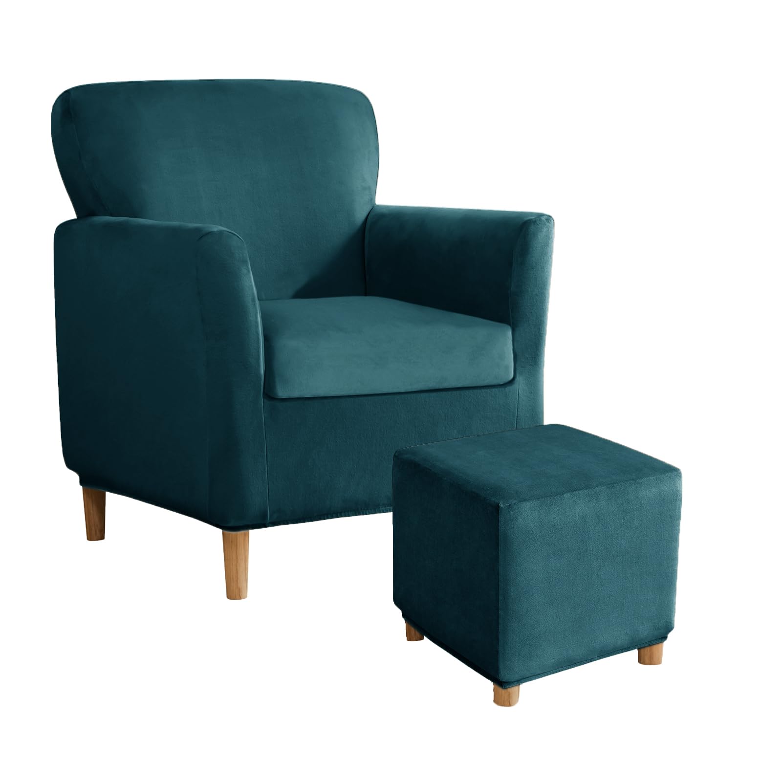 SYLC Stretch Velvet Armchair Sofa Covers with Ottoman Cover Rectangle/Square, Banquet Tub Chair Covers Footstool Slipcover Furniture Protector (Dark teal,Chair+Seat+Square L)