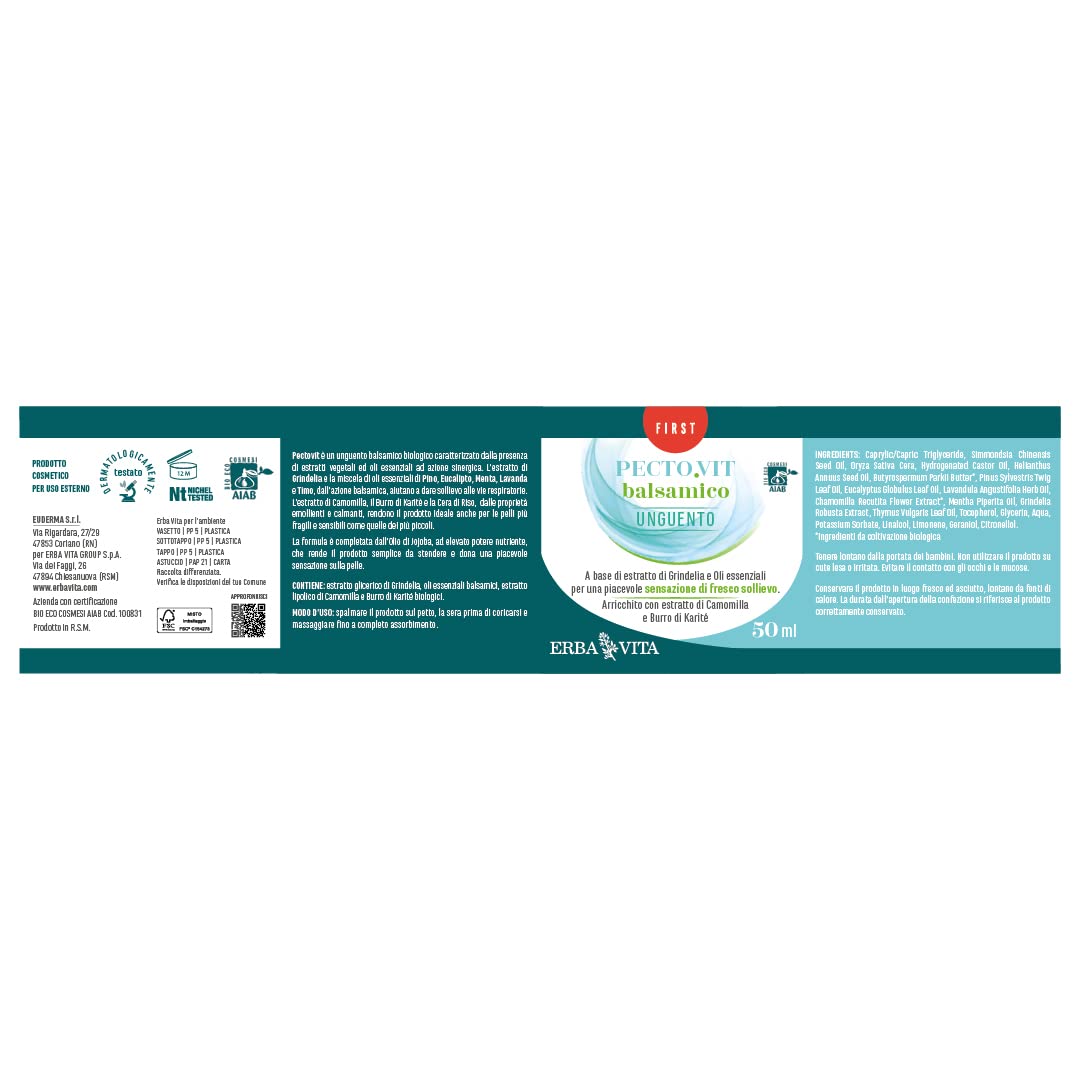 ERBA VITA Pecto.Vit Unguento Balsamico biologico prodotto cosmetico ad uso esterno per una piacevole sensazione di fresco e sollievo alle vie respiratorie - 50 ml