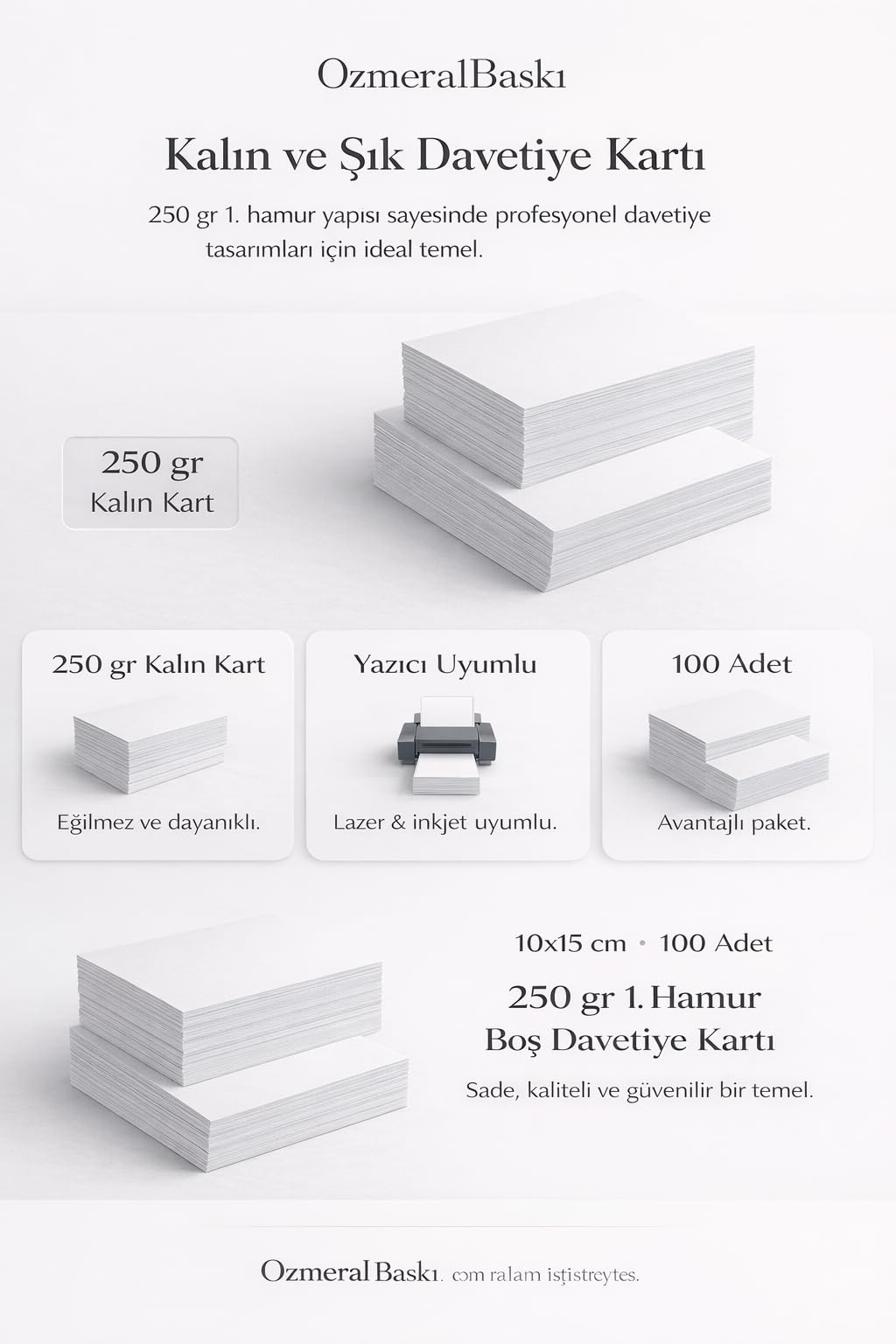 250 gr 1. Hamur Boş Davetiye Kartı 10x15 cm – Yazıcı Uyumlu Beyaz Kart – 100 Adet