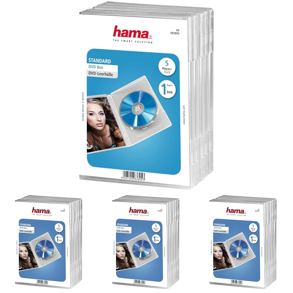 Hama DVD-Hüllen 5er-Pack (auch passend für CDs und Blu-rays) mit Folie zum Einstecken des Covers, transparent (Packung mit 4)