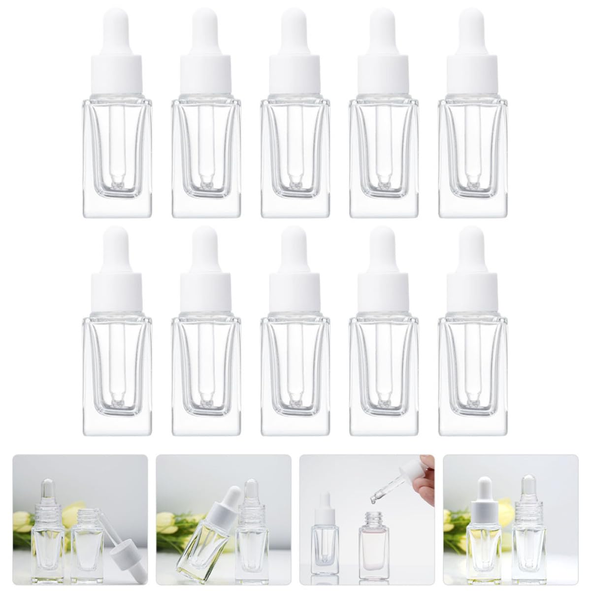 Flaconi Contagocce per Oli Essenziali 15ml in Vetro Trasparente Quadrato, Set da 10 Pezzi Contagocce in Vetro e Anello Plastico Bianco, Ricaricabili e Portatili per
