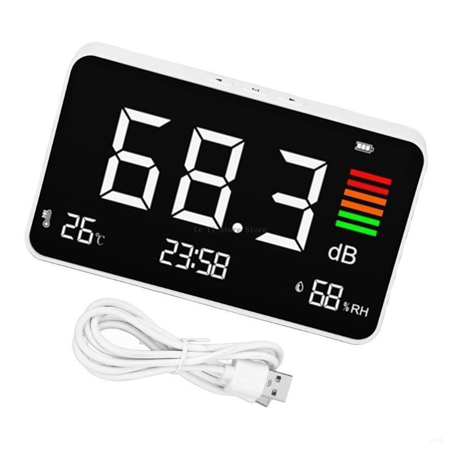 Sonómetro de escritorio de 30-130 dBA, medidor de decibelios con pantalla de temperatura y humedad, recargable.