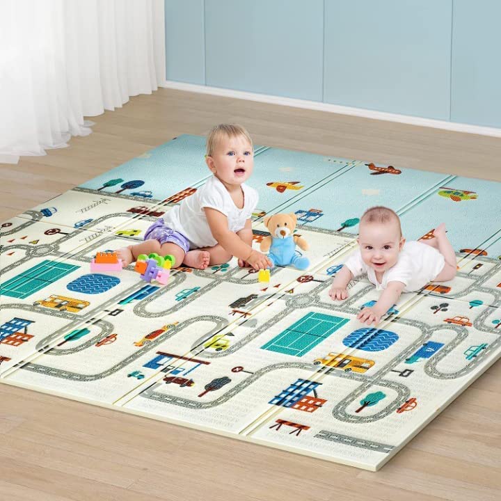 Wrixty Baby Play Mat Non Toxic Extra Large Crawling Mat Thick Foam Activity Mat Anti-Slip Mat Toddlers Waterproof Tummy Time Mat Portable Playmat for Outdoor Traveling Zoo (Blue Traffic Road)