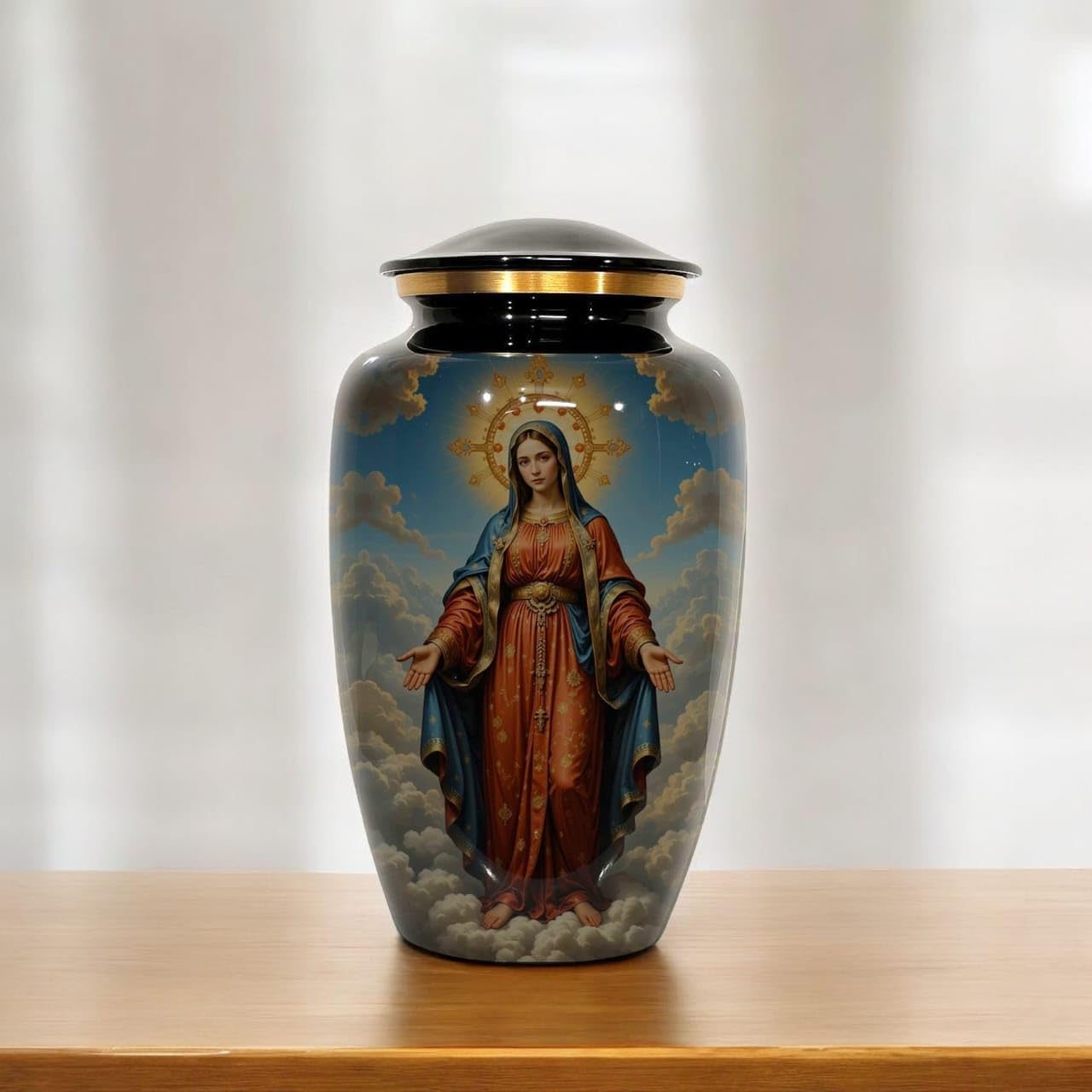 Religious Black Cremation Urn for Human Ashes - with Virgin Mary Black and Green Design - Adult Urn for Ashes - Upto 200 Lbs (Red)