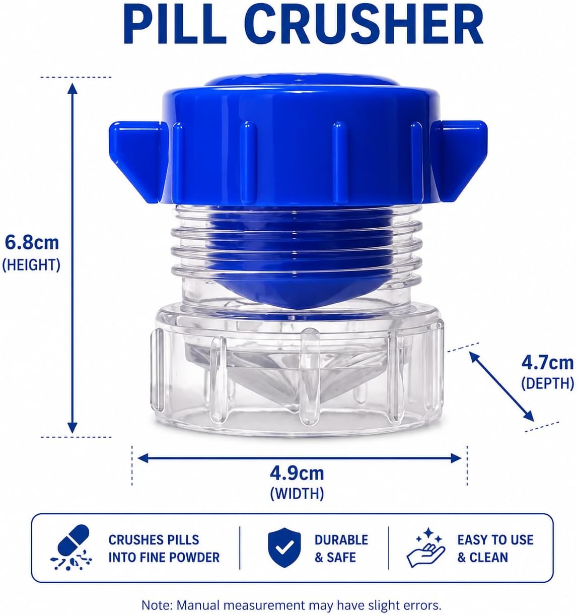 Pill Crusher with Storage Compartment, Manual Tablet Grinder for Small and Large Pills, Portable Medicine Crusher for Fine Powder, Easy Twist Design, Blue