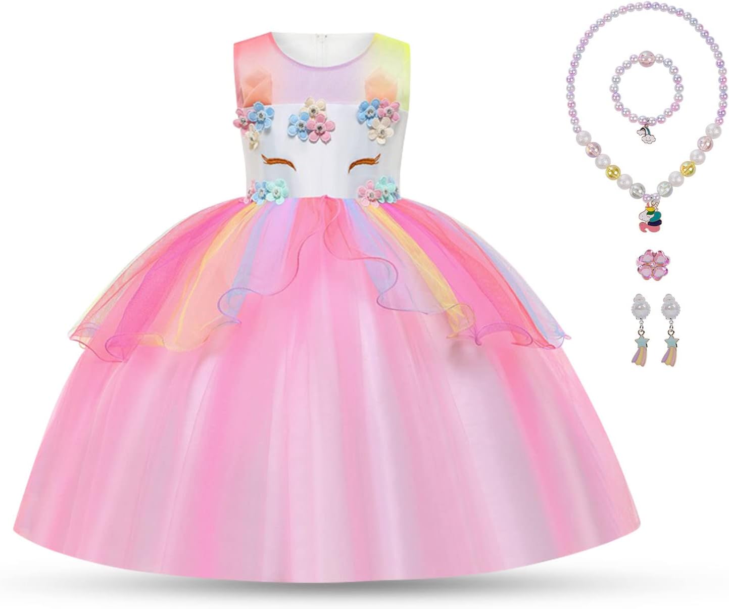 Aomig Unicorn Costume, Deluxe Unicorn Dress with Jewelry Accessories, Unicorn Princess Costume Unicorn Dress Up for Girls, Unicorn Fancy Dress for Party, Bridesmaid, Pageant, Halloween Cosplay