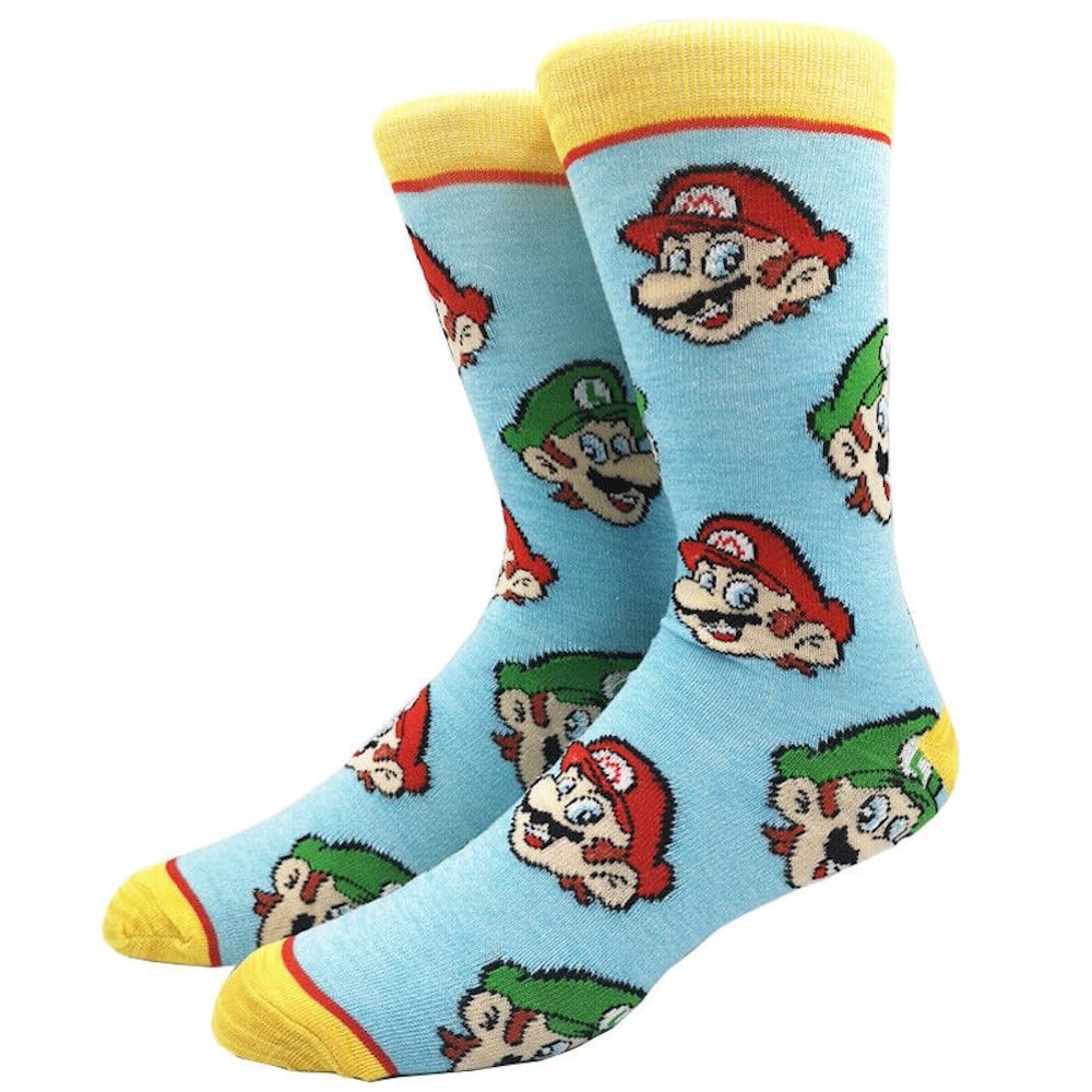 Ezb Men's Blue Video Game Mario Character Crew Socks | Quirky Gift Idea For Wo & Teenagers | Film Movie Design | Size 6-11 | Mario (Light Cotton)