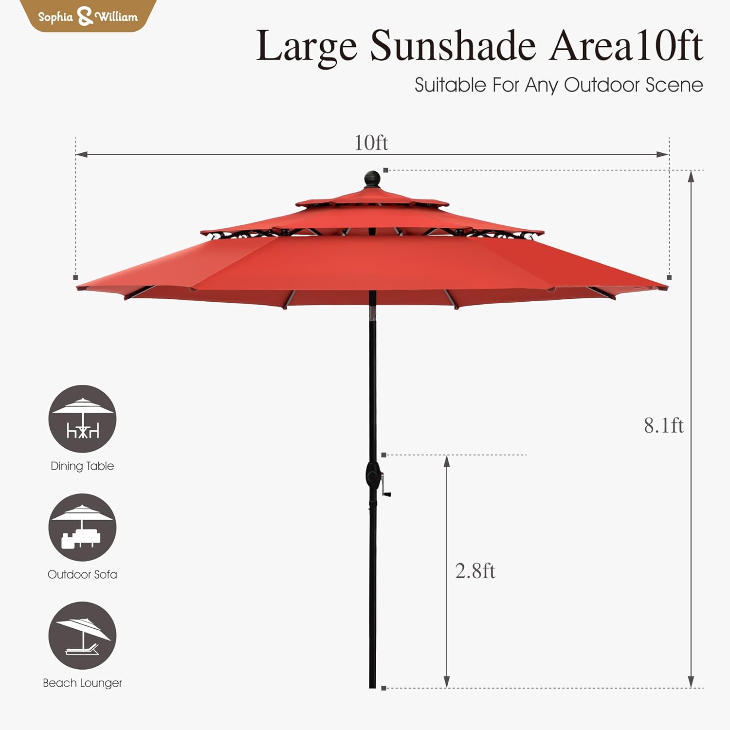 Sophia & William 10ft 3 Tier Auto-tilt Patio Umbrella,Wind Resistent,Outdoor Patio Umbrellas Double Vented Umbrella with Crank for Pool Garden Backyard, Red