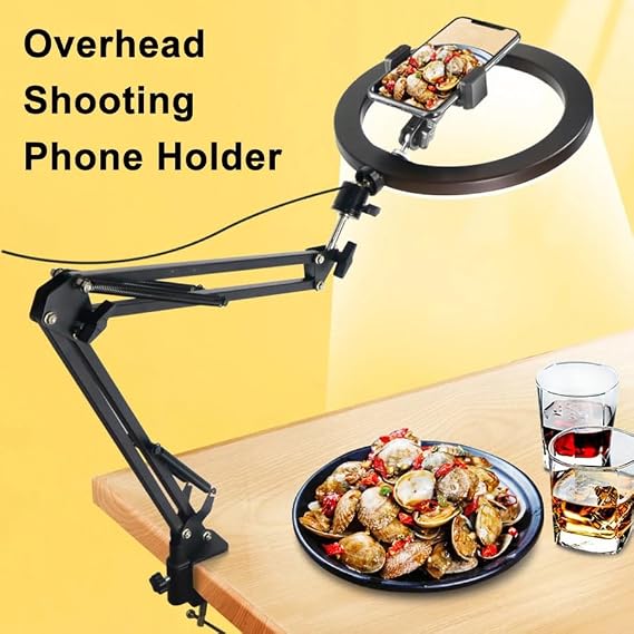 10 inch Youtuber LED Light Ring with Coverzone Clamps Phone Holder Height and Angle Adjustable 10 inch 26 cm Selfie Publisher Makeup Light Table Edge Mountable HLK-012A