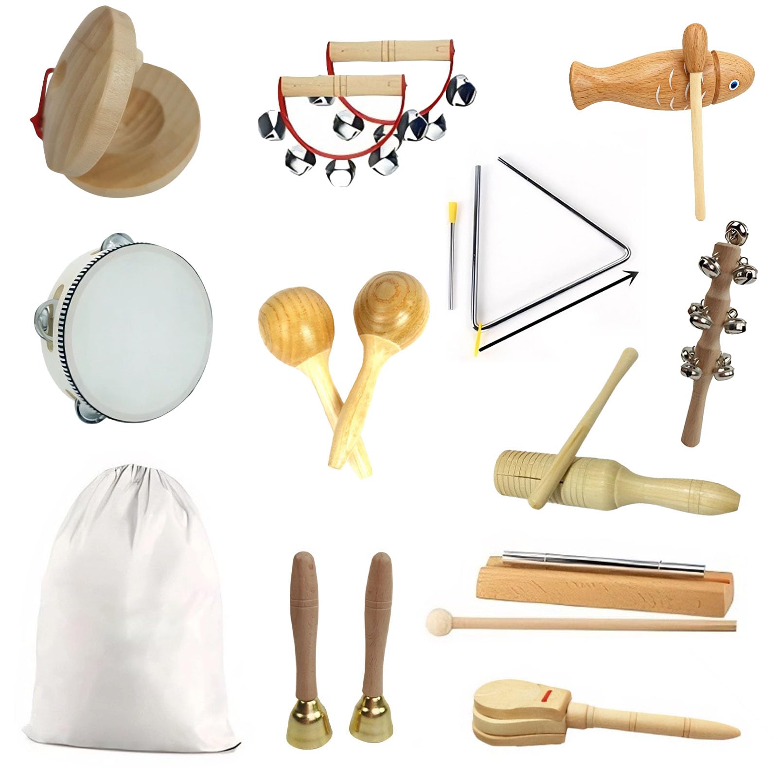 14-TLG Musikinstrumente Set für Rhythmik & Musikalische Früherziehung, Musik-Set aus Holz mit Maracas, Handglocken, Tamburin, Triangel, Holz-Guiro, mehr & praktischer Aufbewahrungstasche