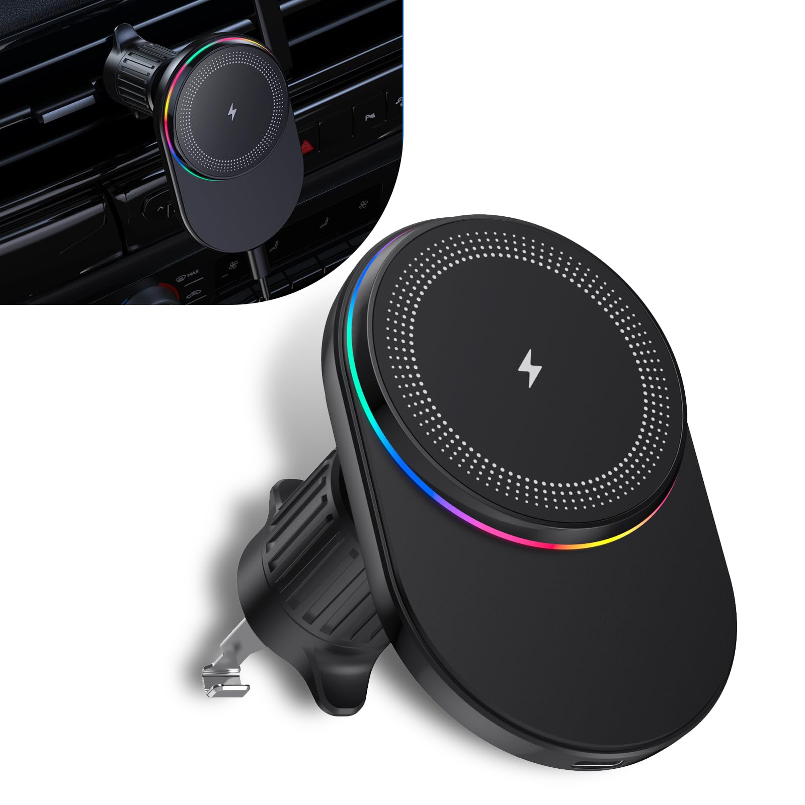 1 PC Car Air Conditioning Outlet Adsorption Mobile Phone Holder, 15W Wireless Fast Power Supply Navigation Holder, 360 Degree Rotating Anti-Shake Support Bracket, Universal for Cars (Black)