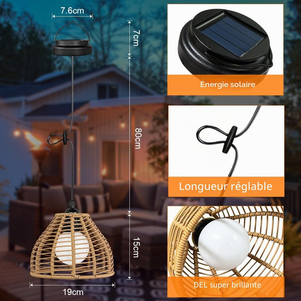 Lanterne Solaire Exterieur Jardin 2 Pièce Suspension Rotin Balcon Terrasse Camping Décoration