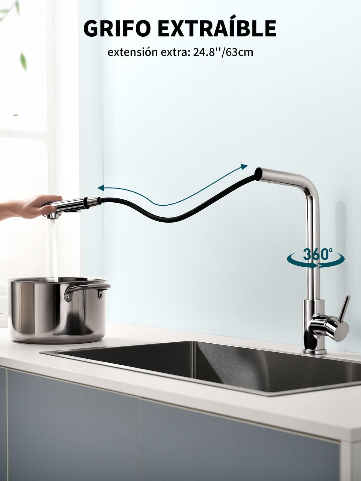Hiqufet Grifo de Cocina con Arco Alto y Brazo Extraíble, 2 Modos de Pulverización Giratorio 360°, Cromo Pulido