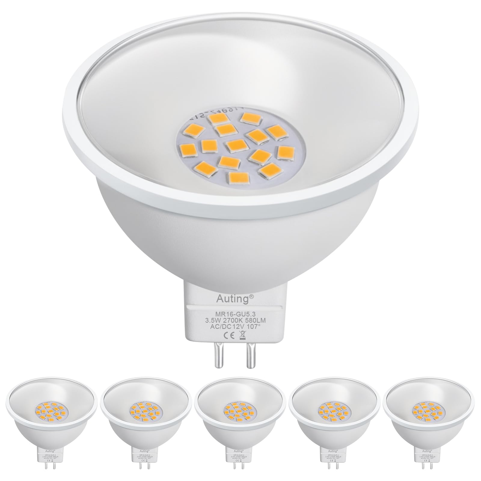 Auting GU5.3 MR16 LED Birnen 3.5W Ersetzt 50W Halogen Leuchtmittel, 2700K Warmweiß 580lm, Flimmerfrei AC/DC 12V Leuchtmittel, Nicht Dimmbar Reflektor Lampen mit 107° Abstrahlwinkel Spot, 6er-Pack