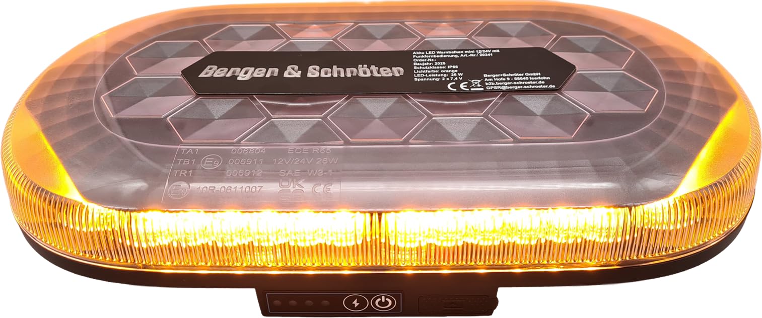 Berger & Schröter | 2er Set Akku LED Mini Warnbalken magnetisch, 12/24 V Warnlicht, Fernsteuerung per Funkfernbedienung, 4000 mAh, 7 Blitzmuster, wiederaufladbare Warnleuchte