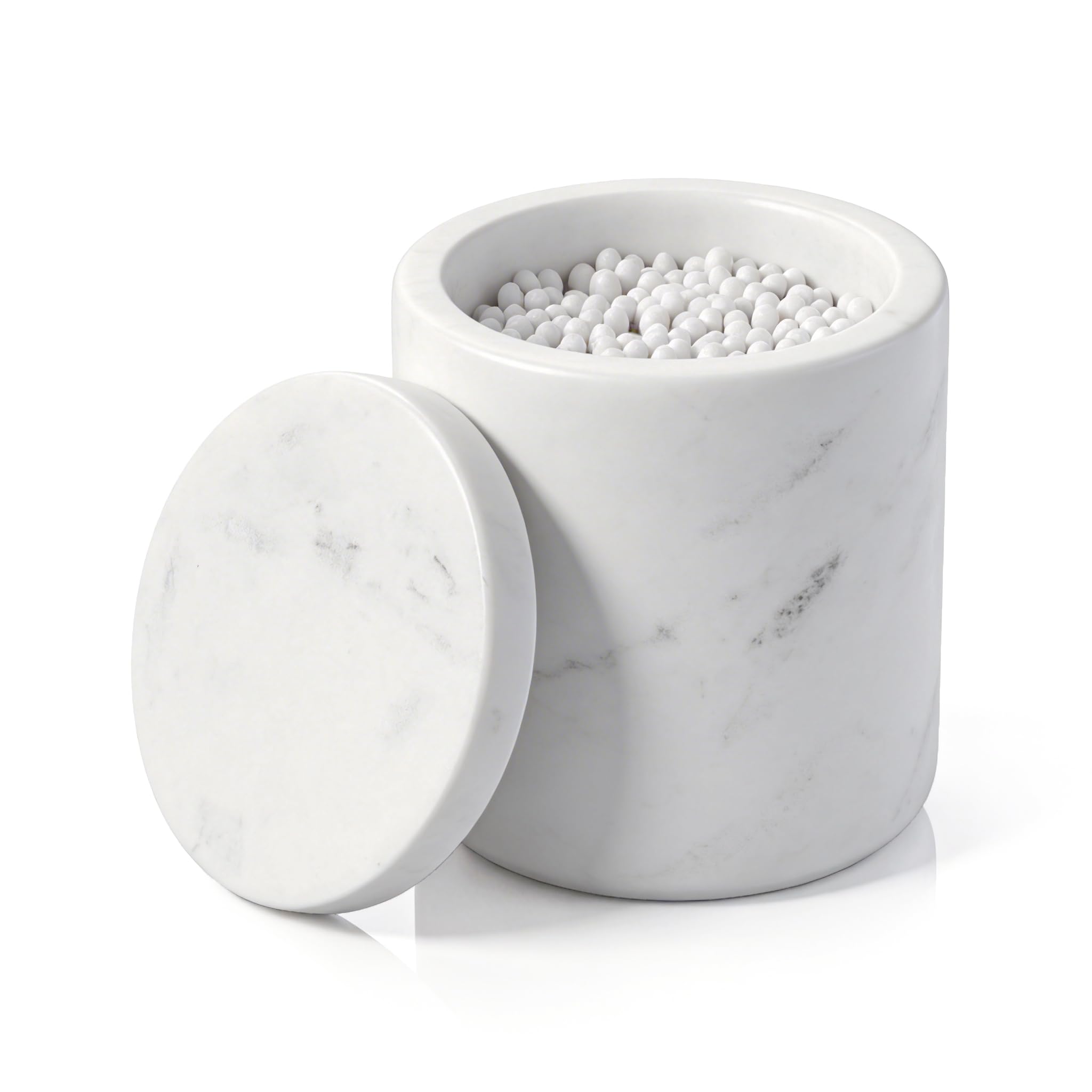 Contenitore in marmo naturale per batuffolo di cotone con coperchio, grande capacità, per batuffolo di cotone, per trucchi, sali da bagno, bianco