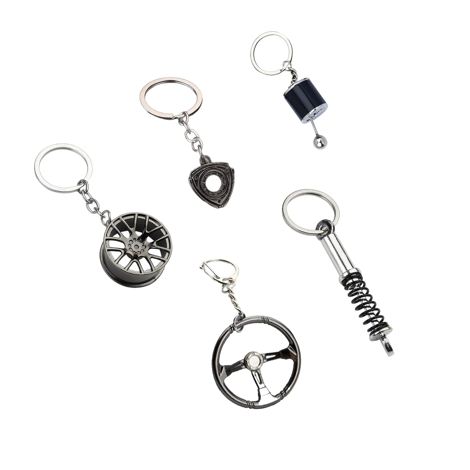 WZP 5PCS Car Keychains, Metal Car Parts Model Key Chain Kit, Steering Wheel, Tire Rim, Spring, Manual Transmission, Rotor Engine Keychain, Para Carros for Auto Lover Christmas Graduation Guy Gifts