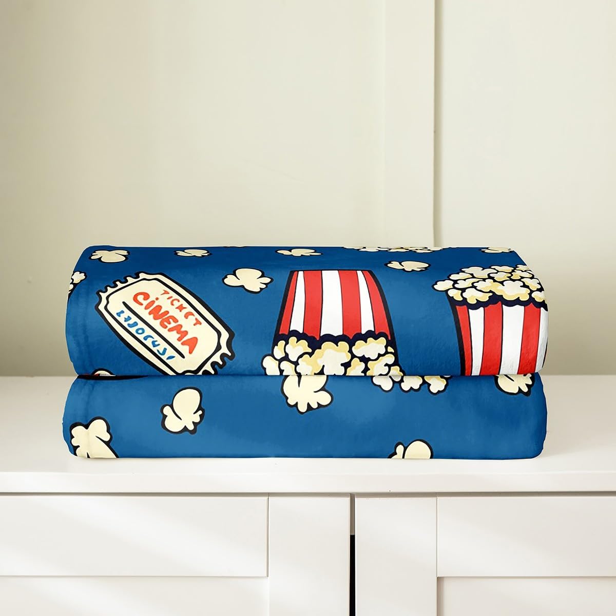 Feelyou Popcorn All Season,Bed Blanket Cinema Poster Plush Throw Blanket, for Kids Boys Girls Teens Decor Movie Theater Food Flannel Fleece Blanket Old Fashion Home Decor Blue Queen 90"x90"