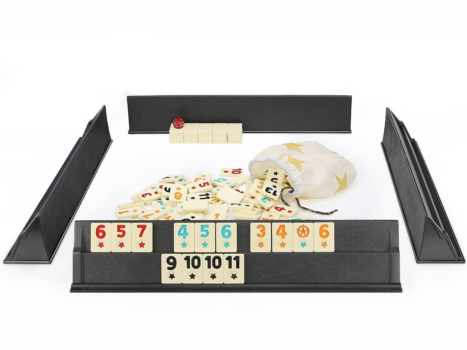 Semus Flash Black Okey/Rummy – PVC Steinleger, Melamin Spielsteine Mattiert, Mit 4 Steinaufstellern, Würfel & Stoffbeutel