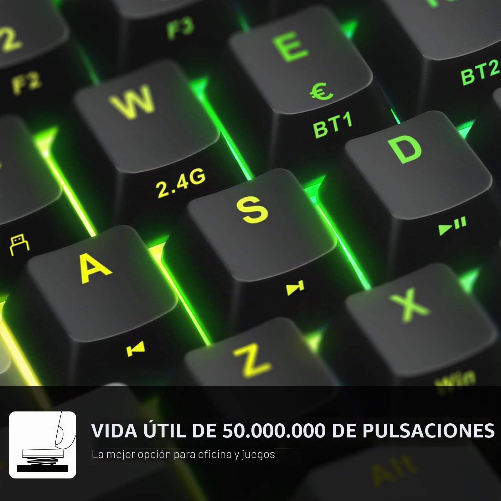 Rii Gaming RK802 - Teclado mecánico silencioso, tamaño reducido al 60%, triple conexión (Wireless + Bluetooth + USB), batería recargable, retroiluminación RGB de 16 colores, anti-ghosting