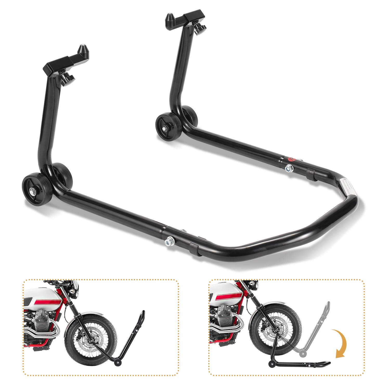 Herrselsam Elevador de motocicleta, soporte de montaje delantero para motocicleta, altura ajustable, trabajos de mantenimiento/montaje para motocicletas de hasta 300 kg (negro)